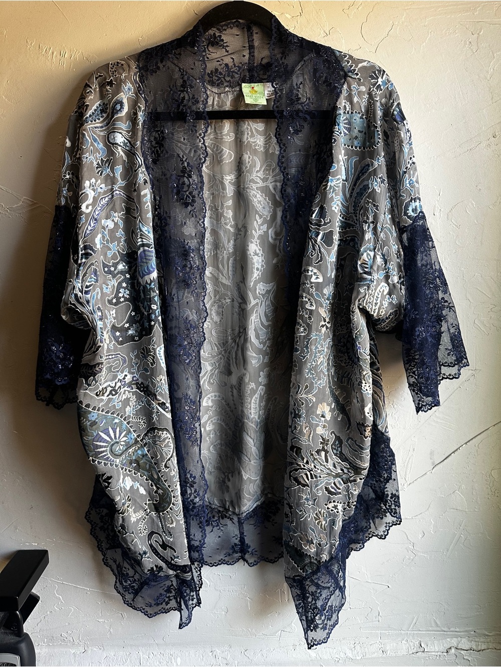 Vintage‎ Mary Green Silk Kimono Cardigan Lace Trim Paisley Boho Layer One Size